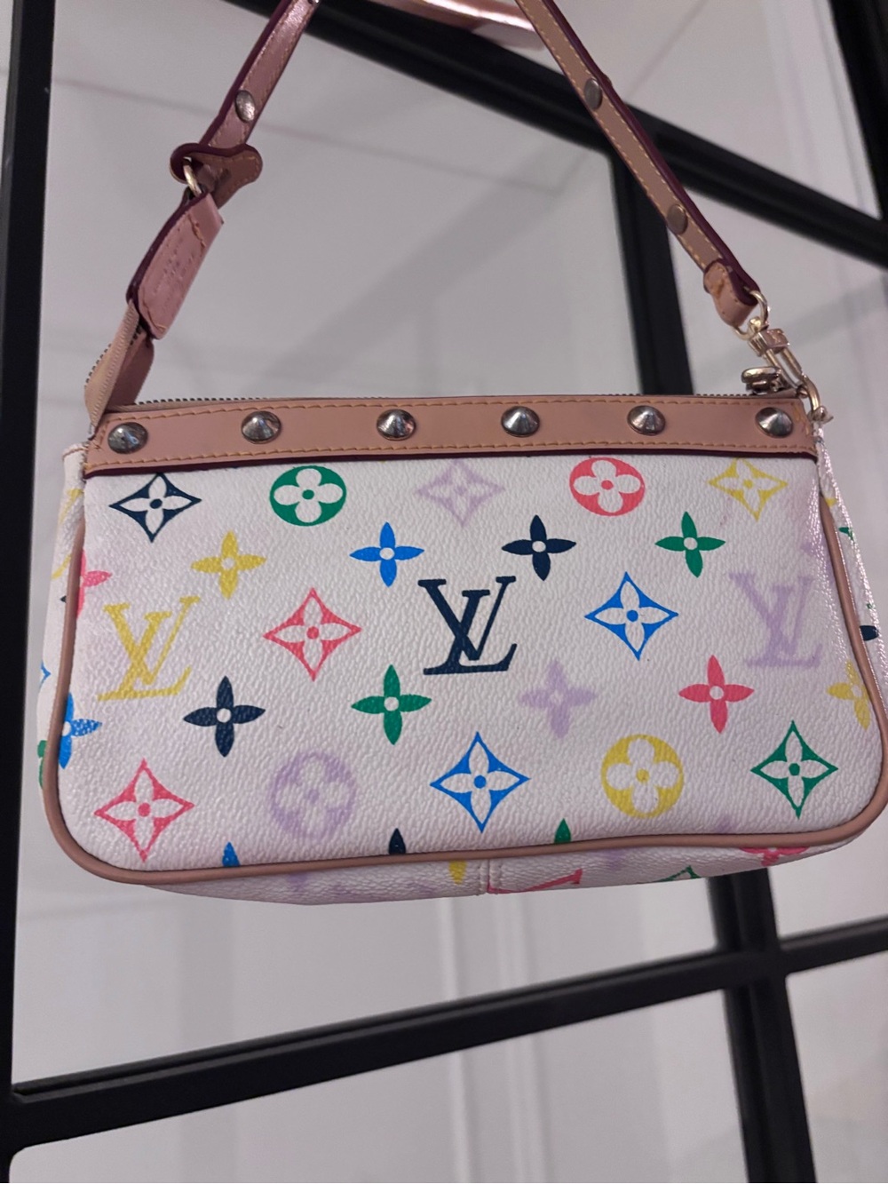 LV White Multicolor Monogram Clutch Bag with Tan Trim